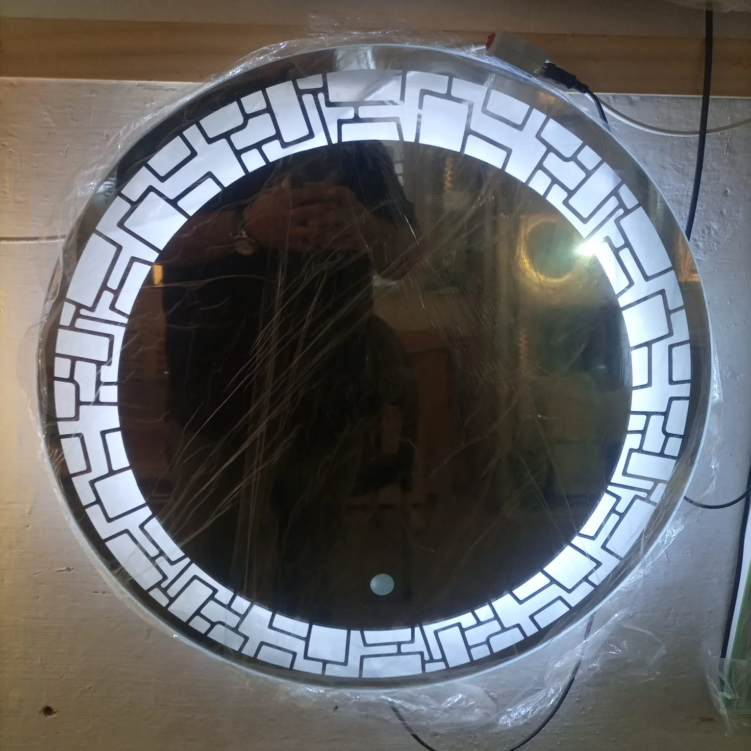 Geometric mosaic pattern backlit LED round mirror crafted in Sialkot