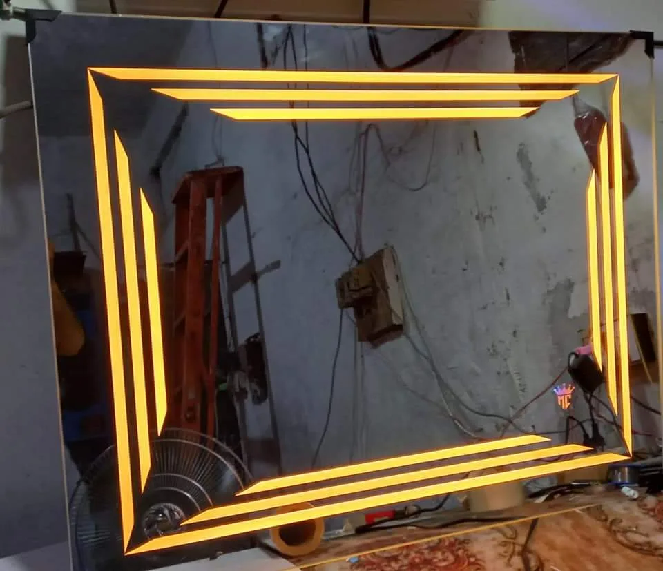 Triple parallel warm amber illuminated border LED vanity mirror fabricated in Sialkot