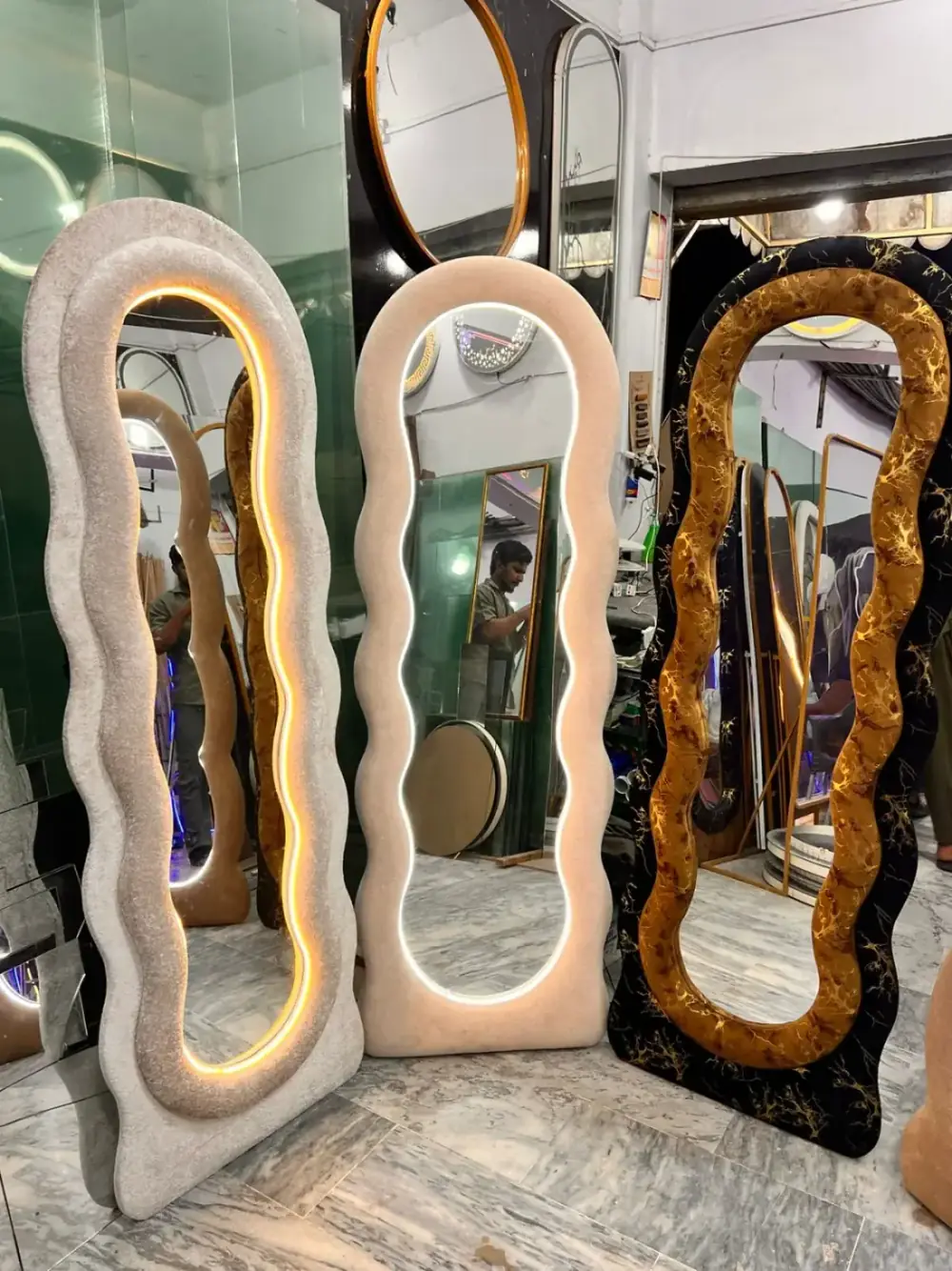 Wavy Backlit Velvet Floor Mirrors Sialkot