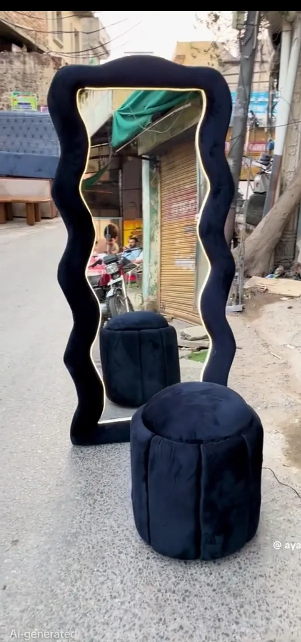 Wavy Black Velvet Floor Mirror (Black Edition) Sialkot